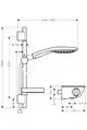 Brausesystem von Hansgrohe mit Thermostat und Brausestange, seitliche Ansicht mit detaillierten Maßen und Anschlussdetails.
